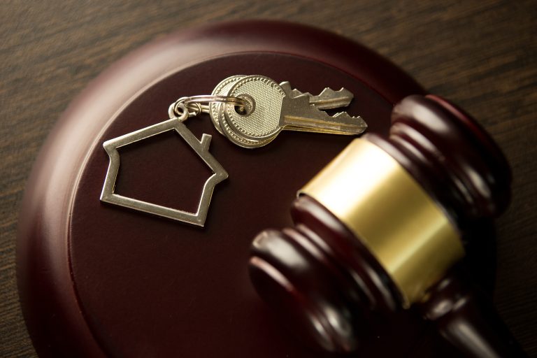 Judge,Auctioneer,Hammer,,Door,Key,On,Wooden,Table.,Concept,For