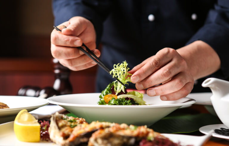 Hotel,Chef.,He,Is,Decorating,His,Food.