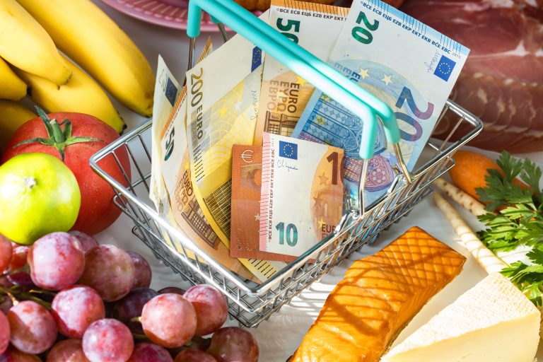 Shopping,Basket,With,Euro,,Food,From,The,Store,Around,,Concept