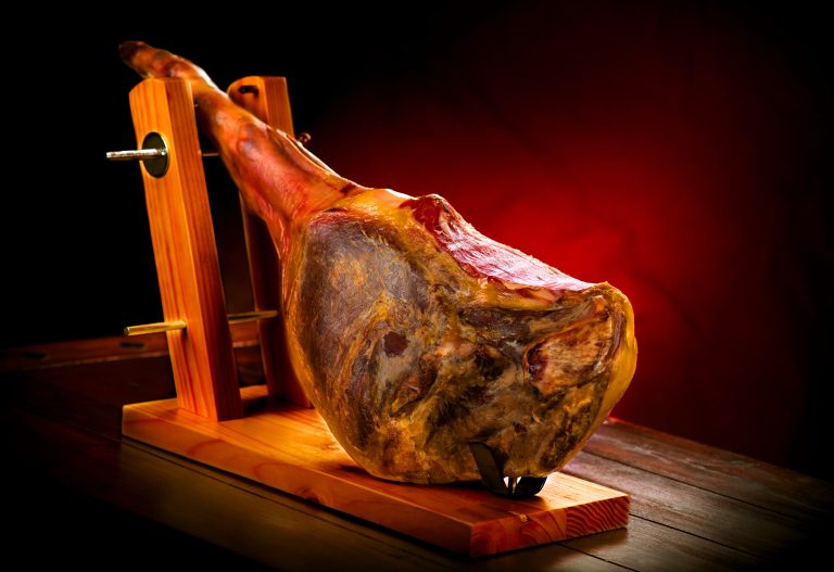 Jamon.,Jamon,Serrano.,Traditional,Spanish,Ham,On,Black,Close,Up.