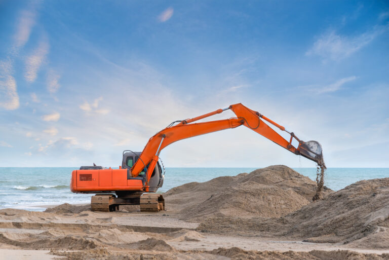 Heavy,Excavator,Working,Construction,Ground,Preparation,Beach,On,The,Sea
