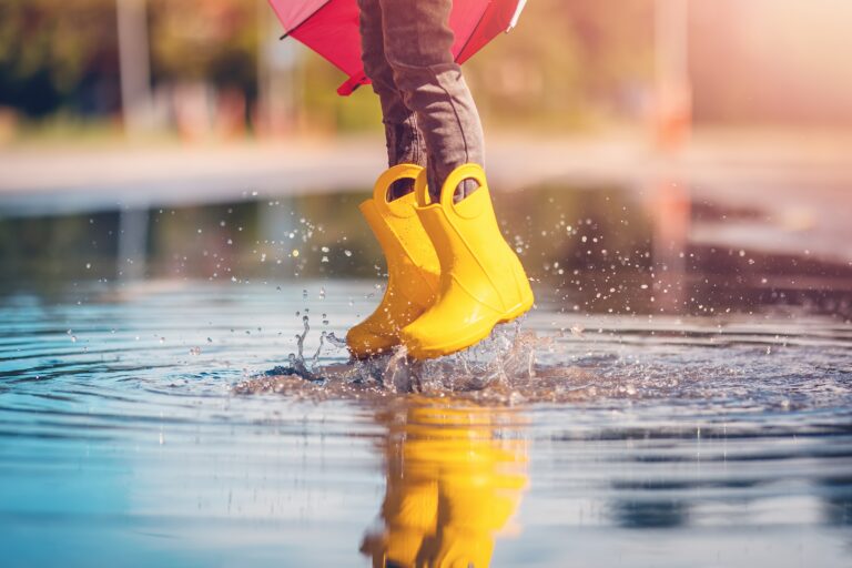 Child,Jumping,In,The,Puddle,In,Yellow,Rubber,Boots