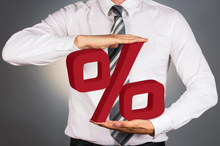 Adult,Businessman,Holding,3,D,Percent,Sign,,Isolated,On,Dark