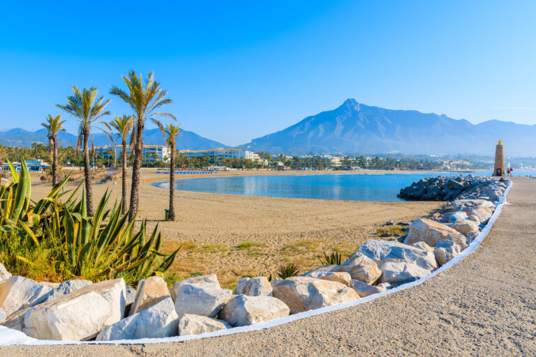 View,Of,Beautiful,Beach,With,Palm,Trees,In,Marbella,Near