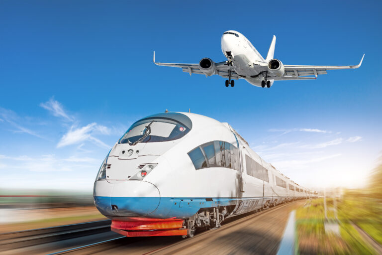 Airplane,In,The,Sky,And,High-speed,Train,,The,Concept,Of