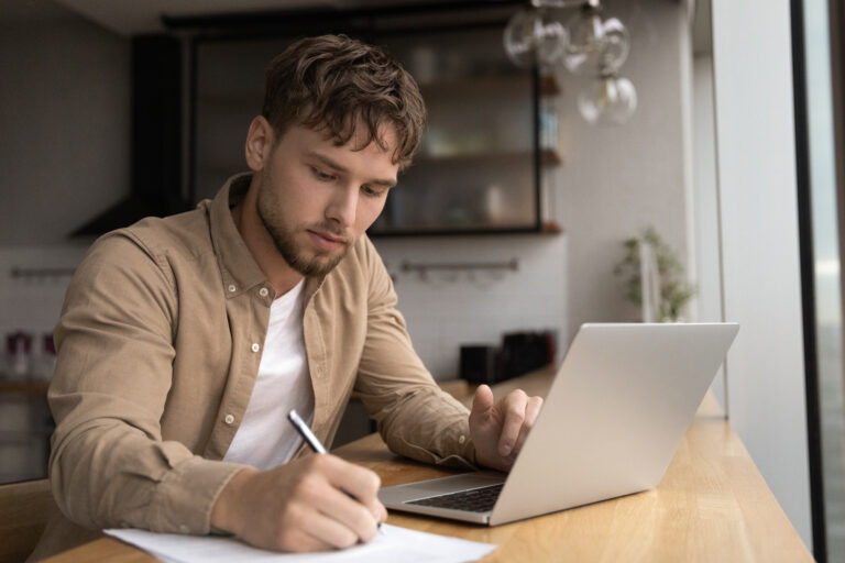 Young,Guy,Student,Prepare,Research,Essay,At,Modern,Kitchen,Surf