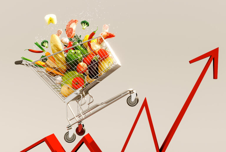 Food,Cost,Rising,Concept.,Shopping,Cart,Full,Of,Groceries,And
