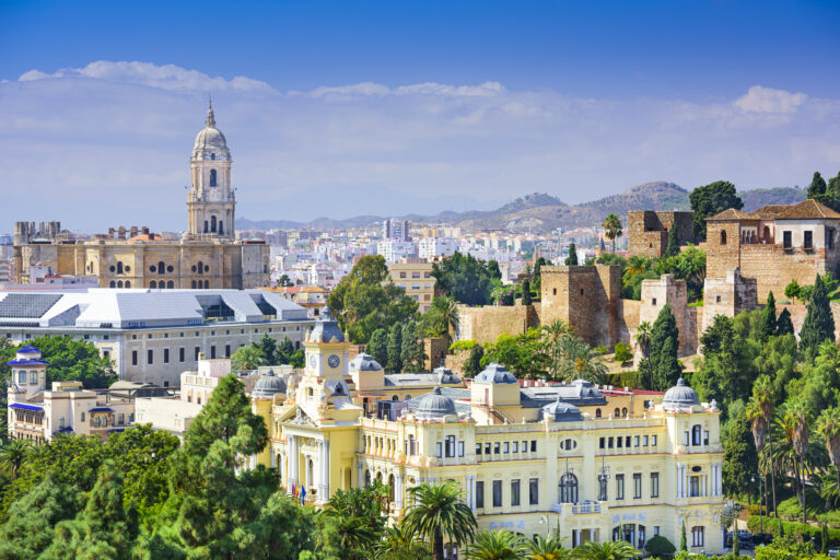 Malaga,,Spain,Cityscape,At,The,Cathedral,,City,Hall,And,Alcazaba
