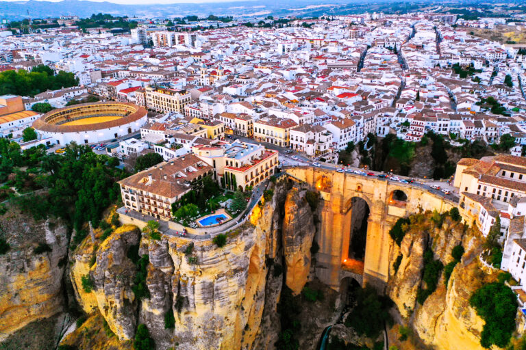 Ronda,,Spain.,Aerial,Evening,View,Of,New,Bridge,Over,Guadalevin
