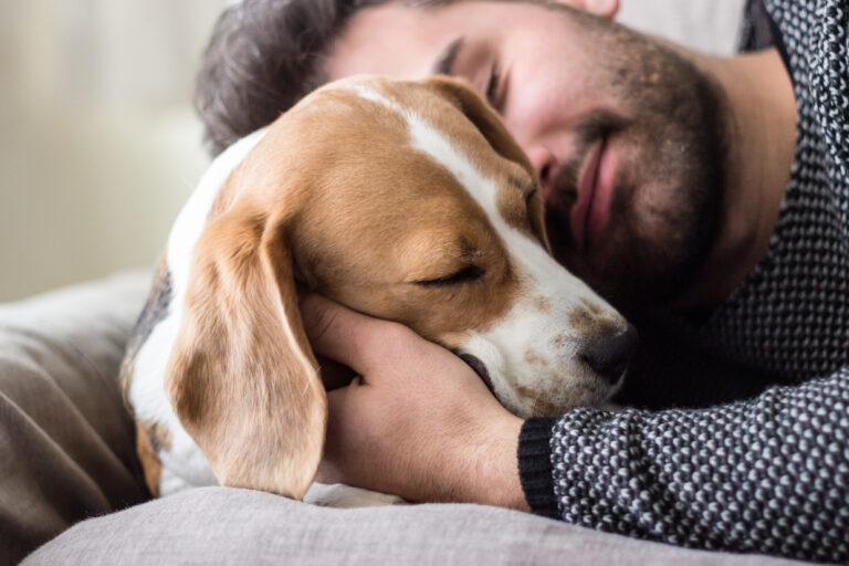 Young,Man,Sleeping,With,A,Dog