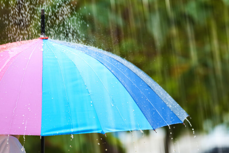 Person,With,Bright,Umbrella,Under,Rain,On,Street,,Closeup