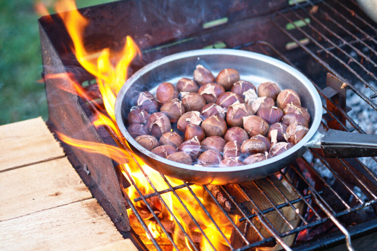 Baking,Chestnuts,In,Stainless,Steel,Frying,Pan,On,The,Barbecue