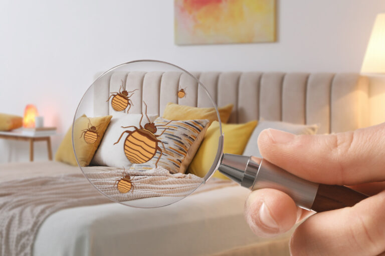 Woman,With,Magnifying,Glass,Detecting,Bed,Bugs,In,Bedroom,,Closeup