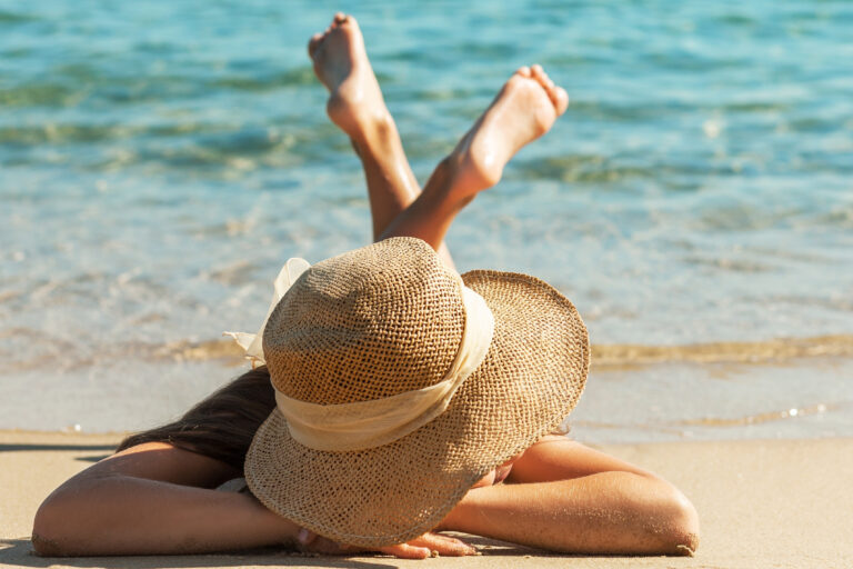 Sea,Relax,Holiday,On,Sandy,Beach,Coast.,Girl,In,Sun