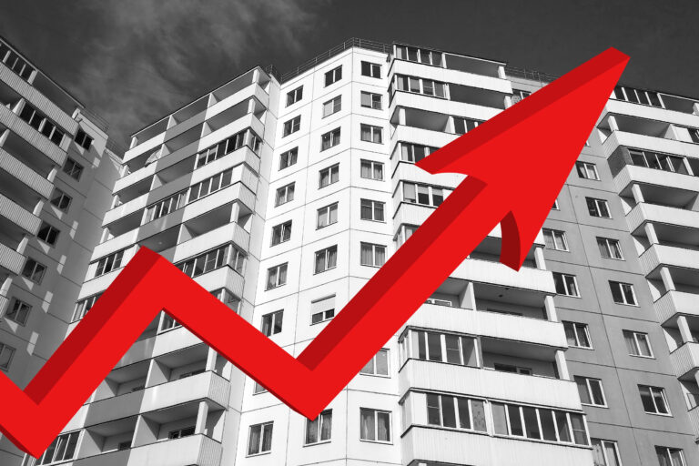 Red,Growing,Up,Large,Arrow,On,Residential,Building,Monochrome,Background.