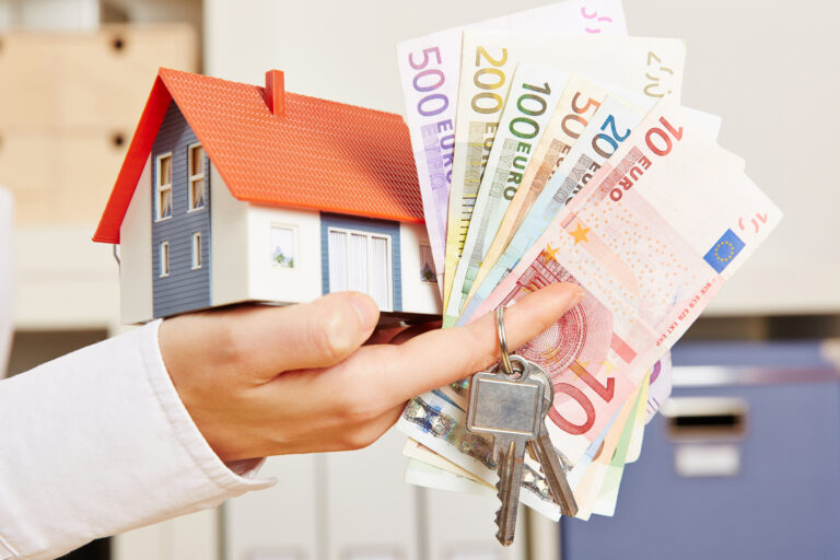 Hand,Of,A,Woman,With,House,And,Euro,Money,And