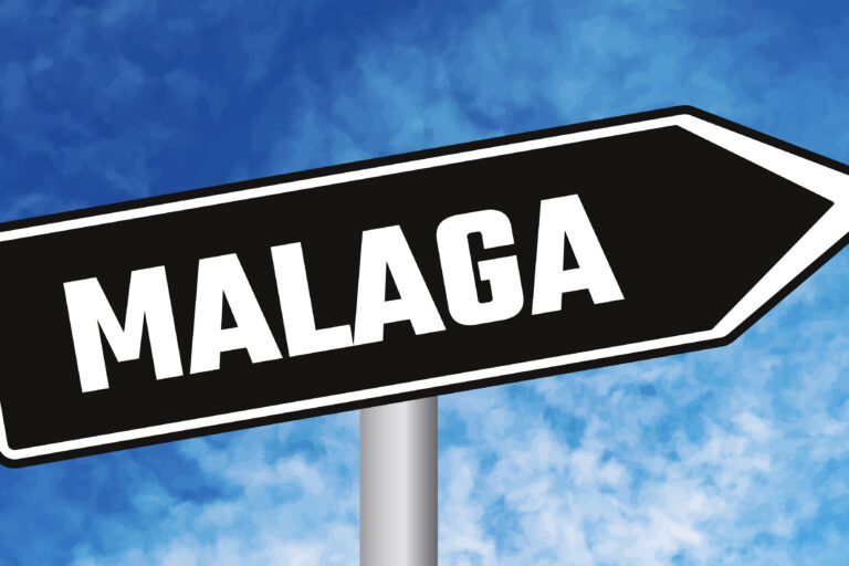 Malaga,Road,Sign,On,Cloudy,Sky,Background