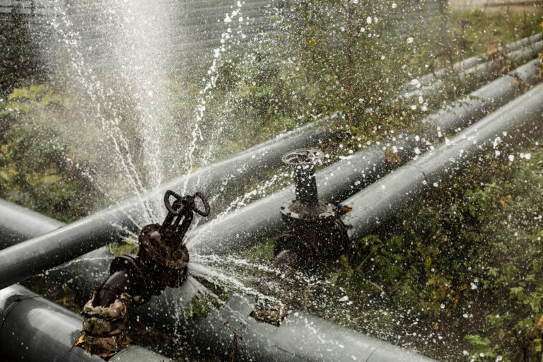 Breakthrough,Heating,Pipe.,Pipeline,Accident.,Boiling,Water,Pours,Out.,Loss