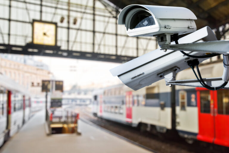 Security,Cctv,Camera,Or,Surveillance,System,With,Railway,Station,On