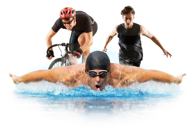 Triathlon,Sport,Collage.,Man,Running,,Swimming,,Biking,For,Competition,Race.
