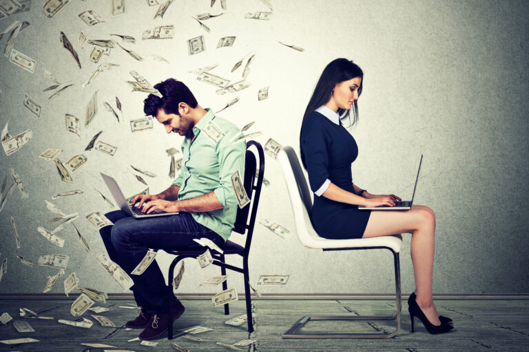 Employee,Compensation,Economy,Concept.,Woman,Working,On,Laptop,Sitting,Next