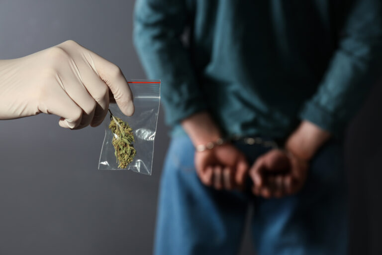 Police,Worker,Holding,Hemp,In,Plastic,Bag,Near,Arrested,Drug