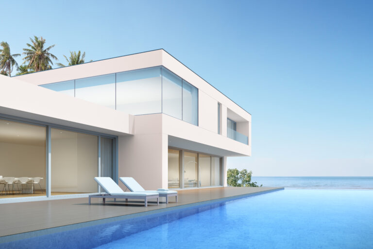 3d,Render,Of,Beach,House,With,Swimming,Pool,On,Sea