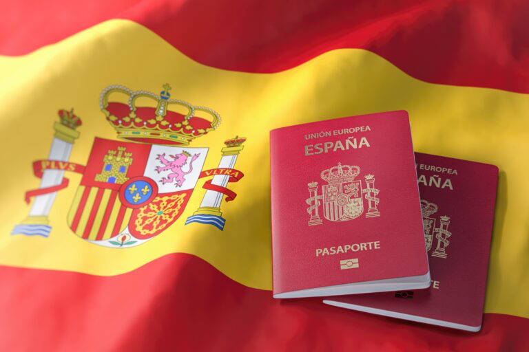 Passport,Of,Spain,On,Spanish,Flag.,Citizenship,,Immigration,,Travel,And