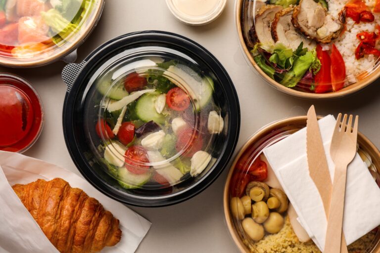 Tasty,Food,In,Containers,With,Wooden,Knife,And,Fork,On