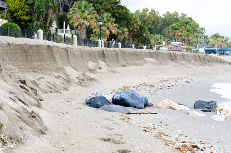 Sand,Beach,Erosion,On,The,Mediterranean,Coast,In,Marbella,Costa