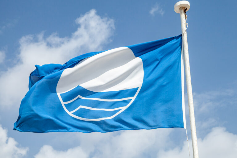 Blue,Flag,Beach.,Close-up,Photo,Of,A,Flag,Waving,Under