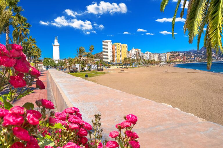 Malaga,Beach,And,Lighthouse,Panoramic,View,,Andalusia,Region,Of,Spain