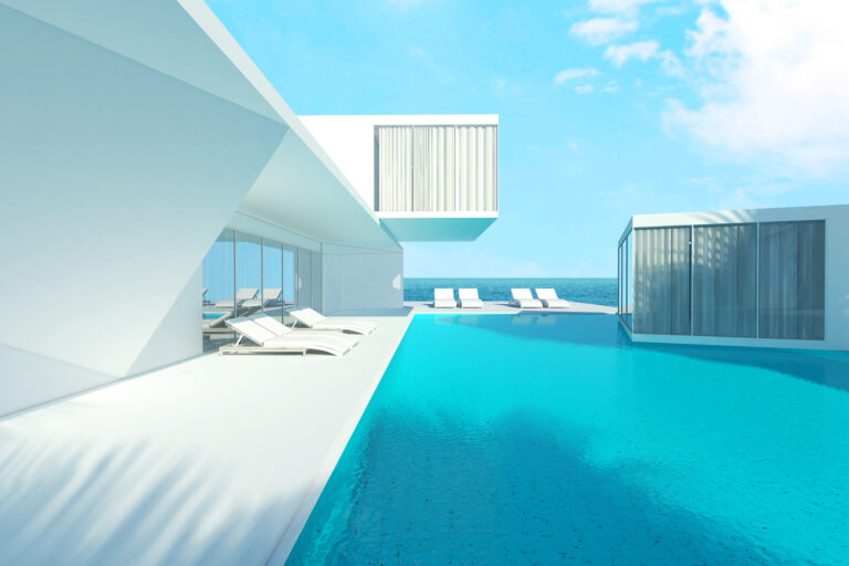 The,Building,Style,Modern,On,Sky,Background.,3d,Illustration,,3d