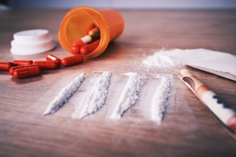 Drugs,,Addiction,And,Cocaine,On,Table,With,Pills,,Social,Problem