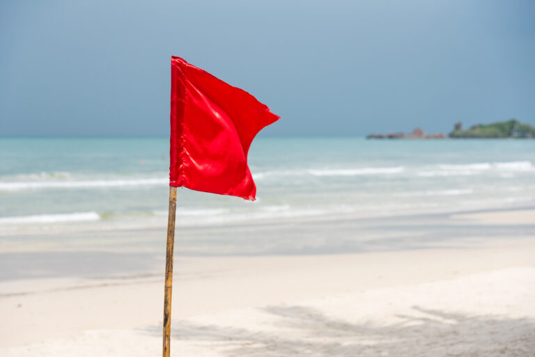 Warning,Sign,Of,A,Red,Flag,At,A,Beautiful,Beach