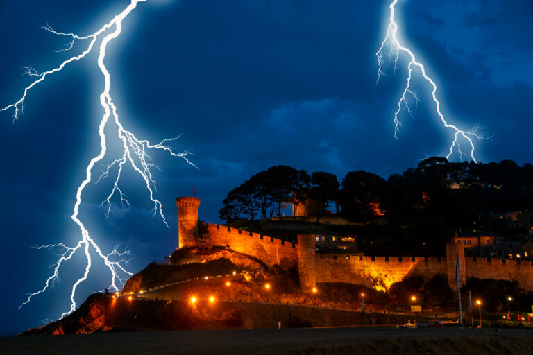 Dramatic,Storm,With,Lightnings,Over,The,Old,Castle,Of,Tossa