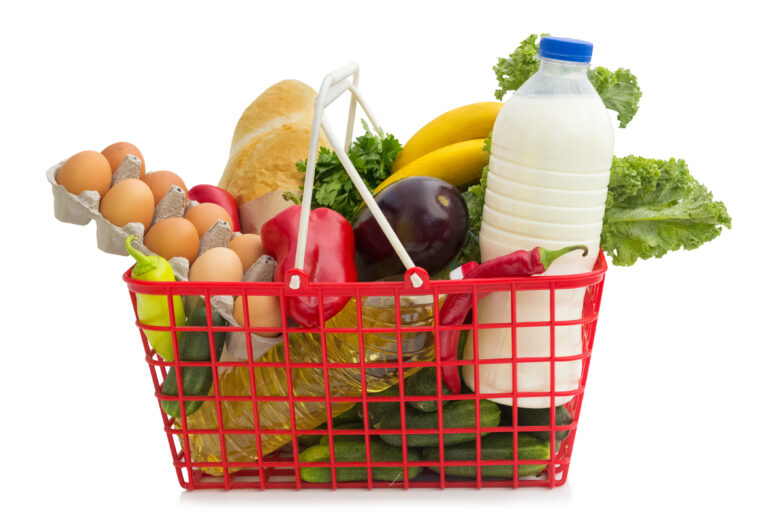 Shopping,Basket,With,Groceries,,Isolated,Over,White,Background