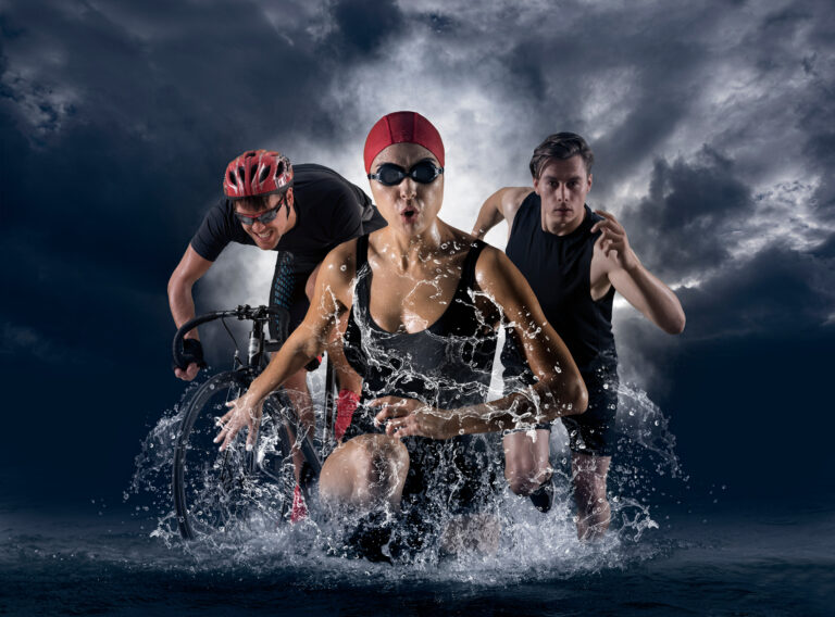 Triathlon,Sport,Collage.,Man,,Woman,Running,,Swimming,,Biking,For,Competition