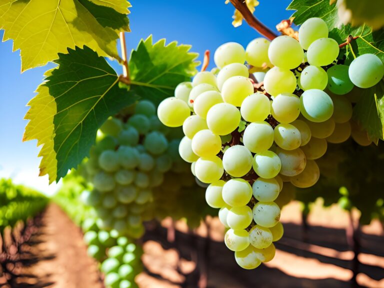 A,Bunch,Of,White,Grapes,Between,The,Grape,Leaves,In