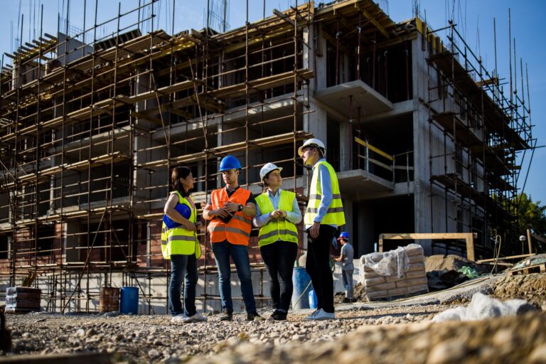 Four,Construction,Workers,Having,Meeting.