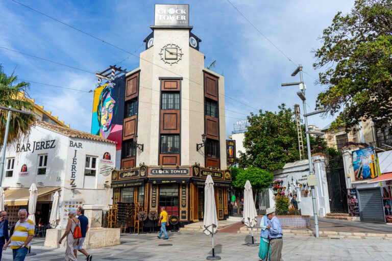 Torremolinos,,Spain,-,May,4,,2023:,Clock,Tower,Restaurant,In
