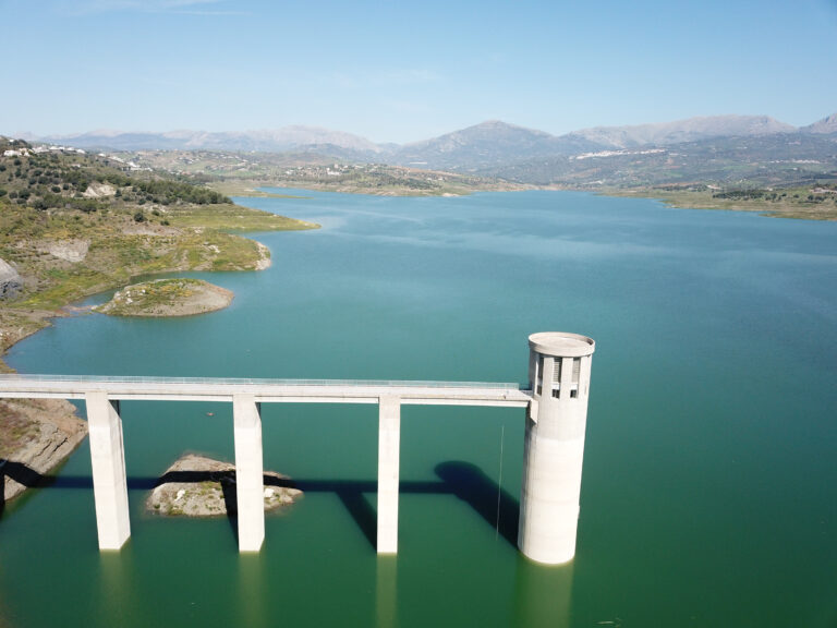 An,Aerial,View,Of,The,Dam,At,Lake,Viñuela,,Andalusia,