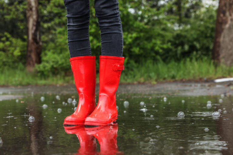 Woman,In,Red,Rubber,Boots,On,Rainy,Day,Outdoors,,Closeup