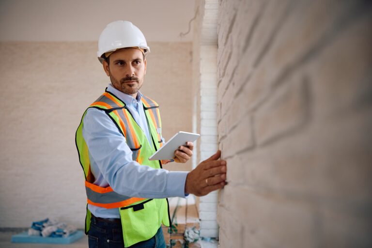 Building,Contractor,Using,Digital,Tablet,During,Construction,Site,Inspection.,Copy