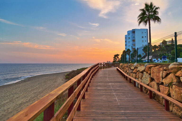 Wooden,Path,On,The,Beach,In,Sunset,Time.,Mijas,Costa.