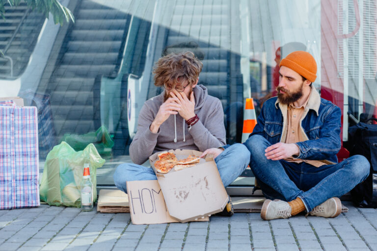 Homeless,Beggar,Telling,His,Story,Young,Handsome,Beard,Man,Listening