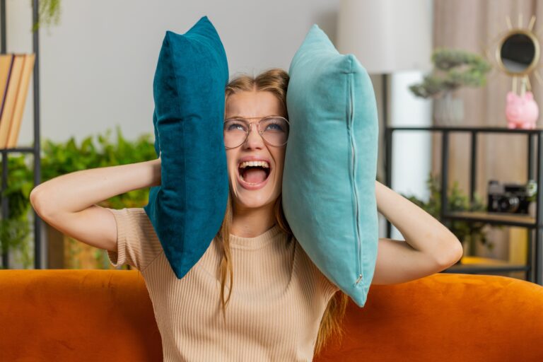 Repair,Work,At,Neighbours.,Irritated,Woman,Girl,Relaxing,On,Couch