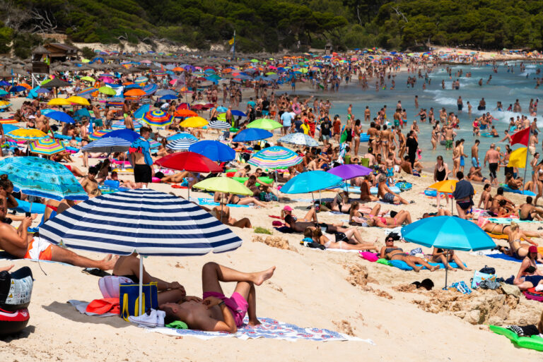 Mallorca,,Spain,,August,14,2019:,Beach,Crowded,At,Cala,Mesquida