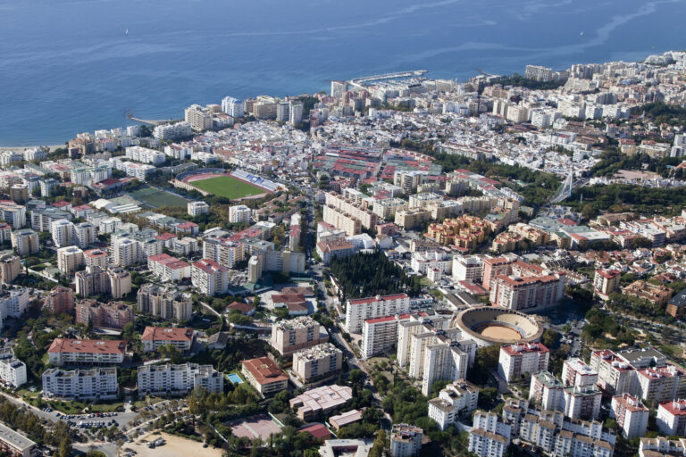 Aerial,View,Of,Marbella,With,Its,Soccer,Field,And,Bull