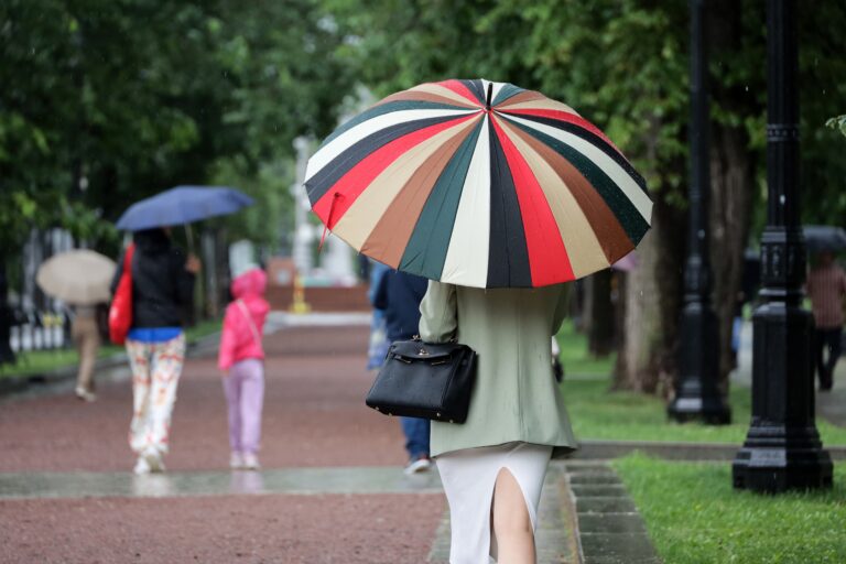 Woman,With,Colorful,Umbrella,Walking,Down,The,Summer,Park,On